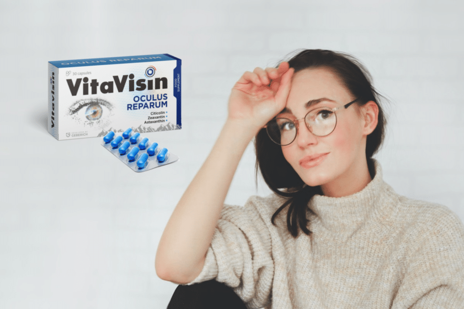 donna con occhiali e integratore vitavisin